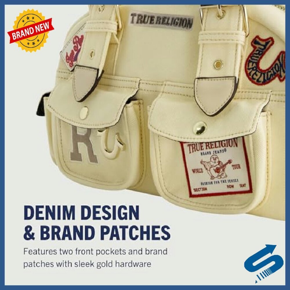 Denim Satchel Bag with Adjustable Strap, Multi-Patch Design, Spacious - Picture 4 of 7